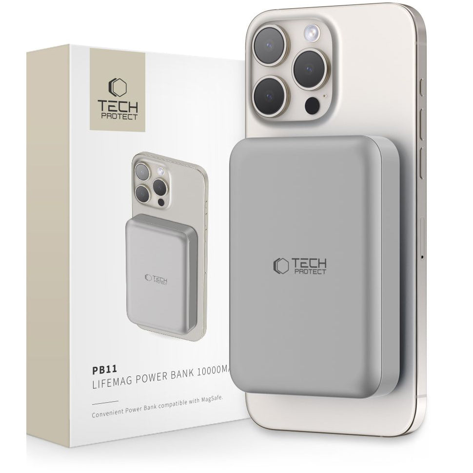 Ulkoinen langaton akku Tech-Protect PB11 LifeMag, 10000mAh, 15W, PD + FQI, 1 x QI - 1 x USB-C, harmaa