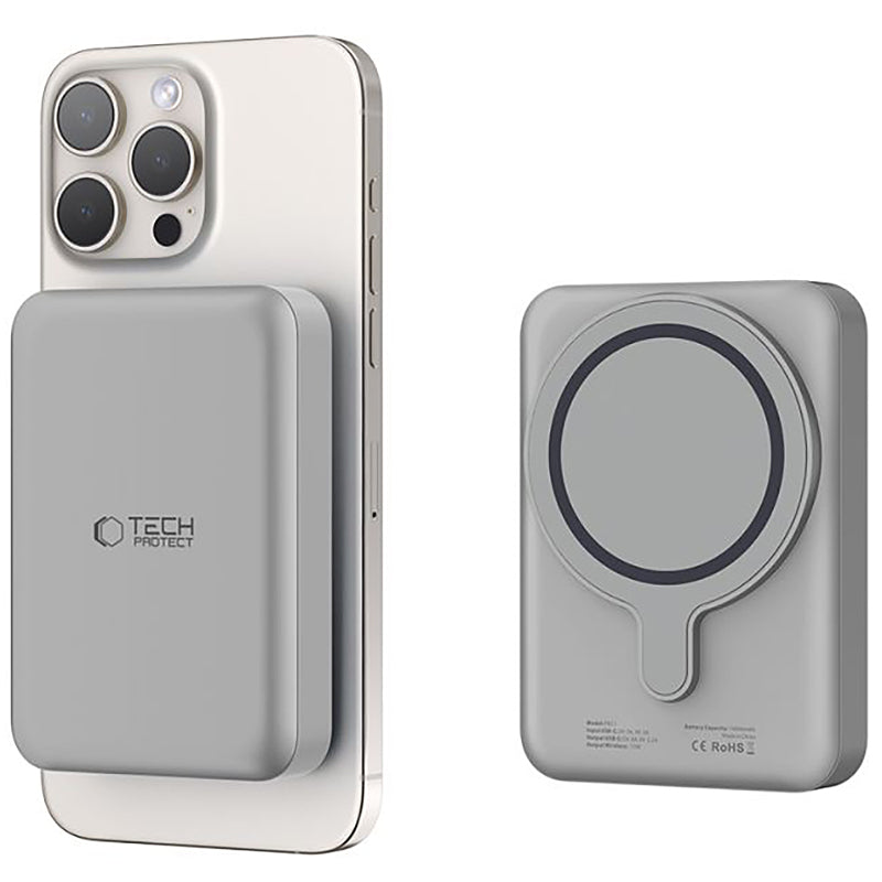 Ulkoinen langaton akku Tech-Protect PB11 LifeMag, 10000mAh, 15W, PD + FQI, 1 x QI - 1 x USB-C, harmaa