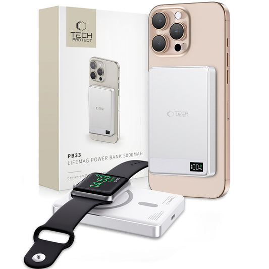 Tech-Protect PB33 LifeMag langaton ulkoinen akku, 5000mAh, 15W, FQI, 1 x QI - 1 x USB-C, harmaa