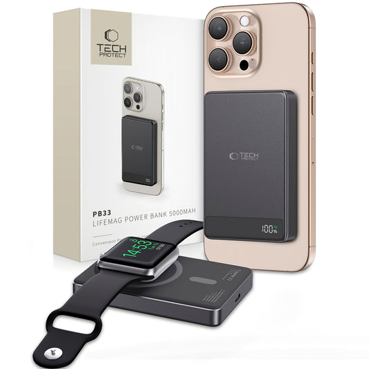 Ulkoinen langaton akku Tech-Protect PB33 LifeMag, 5000mAh, 15W, FQI, 1 x QI - 1 x USB-C, musta