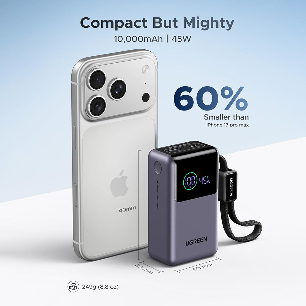 UGREEN Nexode Pro PB727 (85301B) ulkoinen akku, 10000mAh, 55W, QC + PD, 1 x USB-A - 2 x USB-C, harmaa
