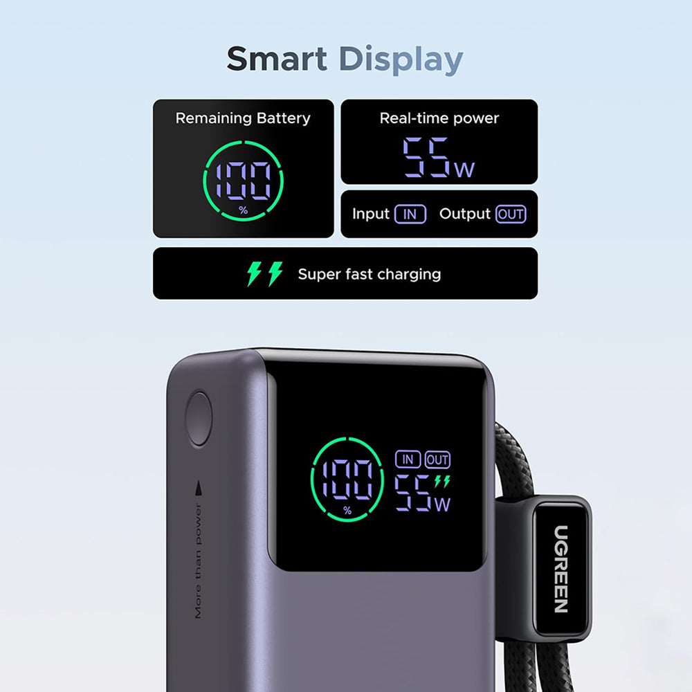 UGREEN Nexode Pro PB727 (85301B) ulkoinen akku, 10000mAh, 55W, QC + PD, 1 x USB-A - 2 x USB-C, harmaa