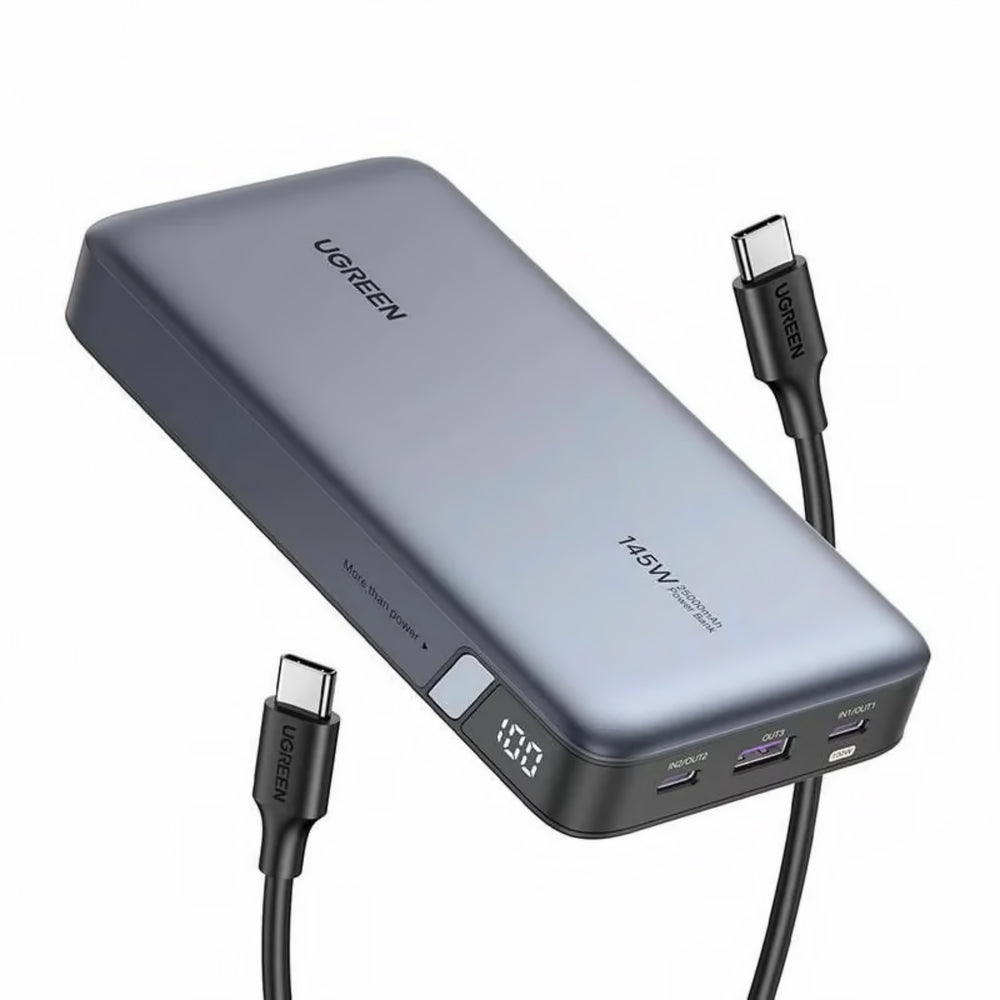 Ulkoinen akku UGREEN PB205, 25000mAh, 145W, QC + PD, 1 x USB-A - 2 x USB-C, Harmaa