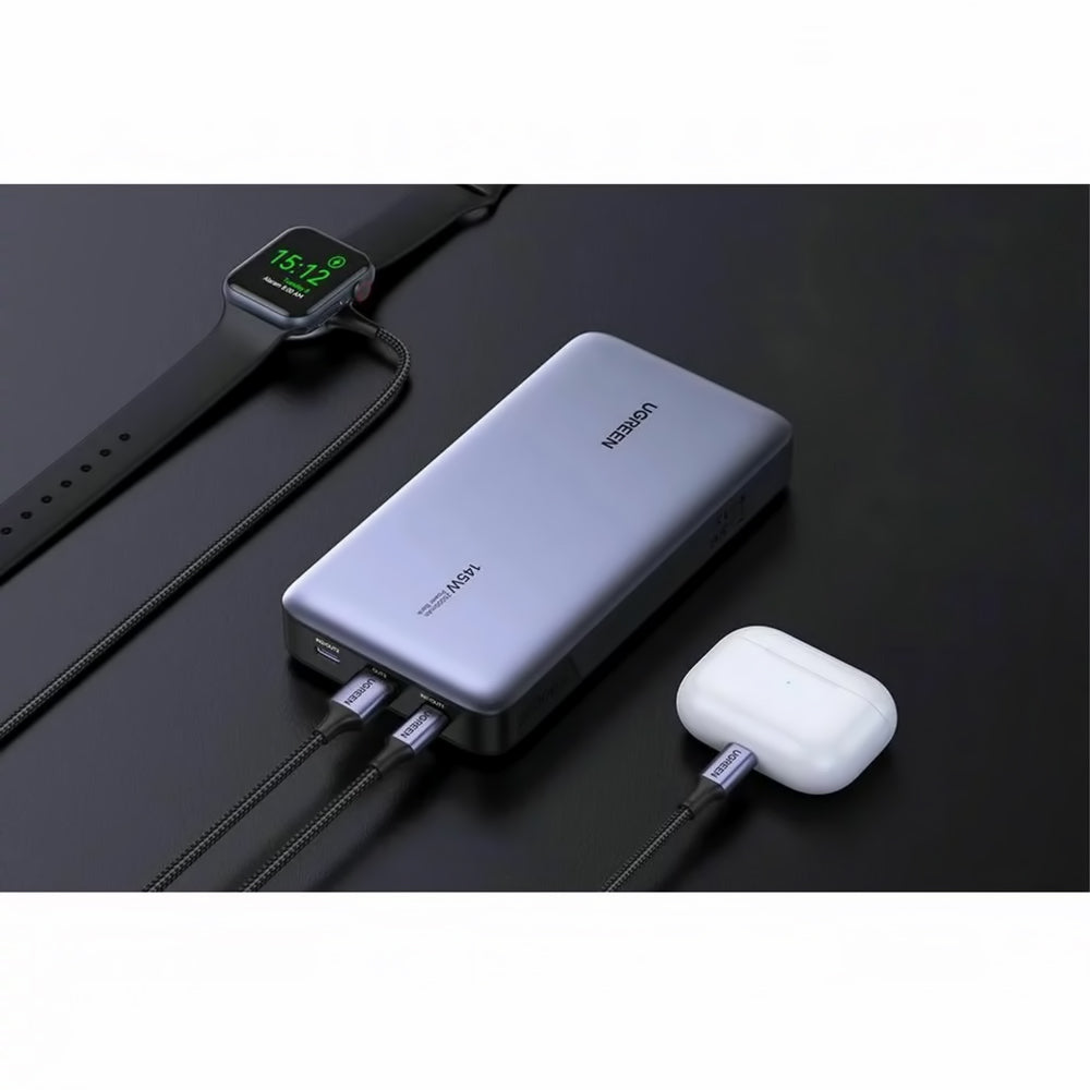 Ulkoinen akku UGREEN PB205, 25000mAh, 145W, QC + PD, 1 x USB-A - 2 x USB-C, Harmaa