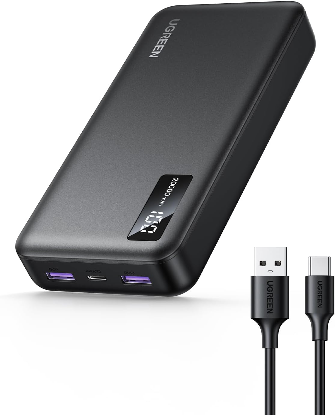 UGREEN PB312 External Battery, 20000mAh, 22.5W, QC + PD, 1 x USB-C - 2 x USB-A, Black