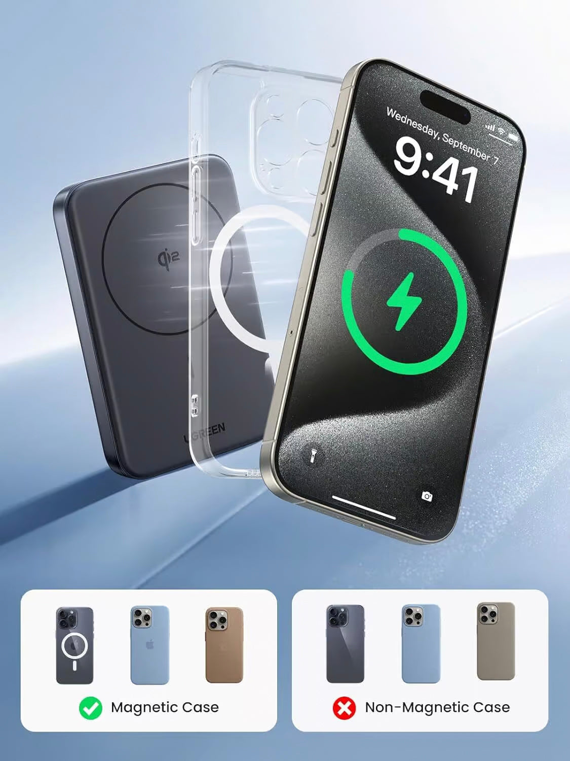 UGREEN PB761 Ulkoinen Akku, 10000mAh, 30W, PD + FQI, 1 x QI - 1 x USB-C, Harmaa