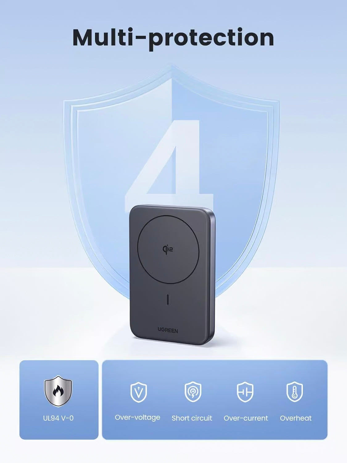 UGREEN PB761 Ulkoinen Akku, 10000mAh, 30W, PD + FQI, 1 x QI - 1 x USB-C, Harmaa