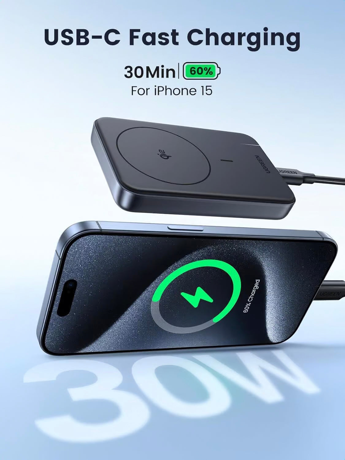 UGREEN PB761 Ulkoinen Akku, 10000mAh, 30W, PD + FQI, 1 x QI - 1 x USB-C, Harmaa