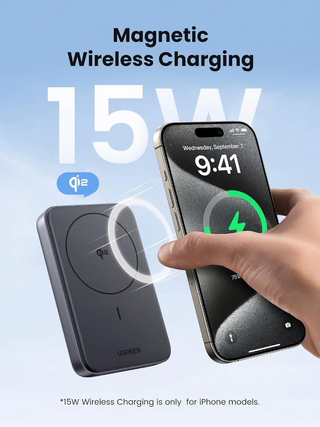 UGREEN PB761 Ulkoinen Akku, 10000mAh, 30W, PD + FQI, 1 x QI - 1 x USB-C, Harmaa