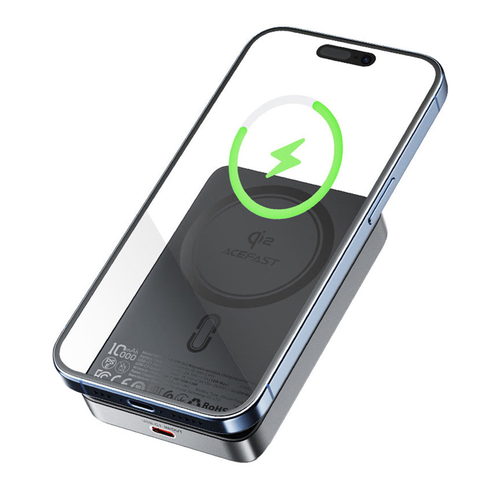 Langaton ulkoinen akku Acefast M11, 10000mAh, 30W, PD + FQI, 1 x QI - 1 x USB-C, Musta