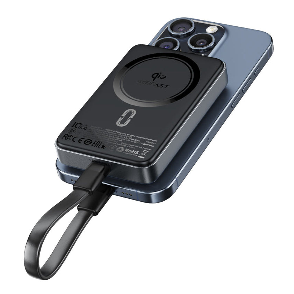 Langaton ulkoinen akku Acefast M11, 10000mAh, 30W, PD + FQI, 1 x QI - 1 x USB-C, Musta