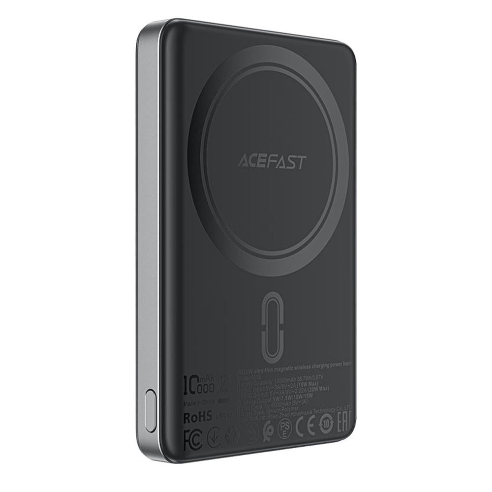 Langaton ulkoinen akku Acefast M12, 10000mAh, 20W, PD + FQI, 1 x QI - 1 x USB-C, Musta