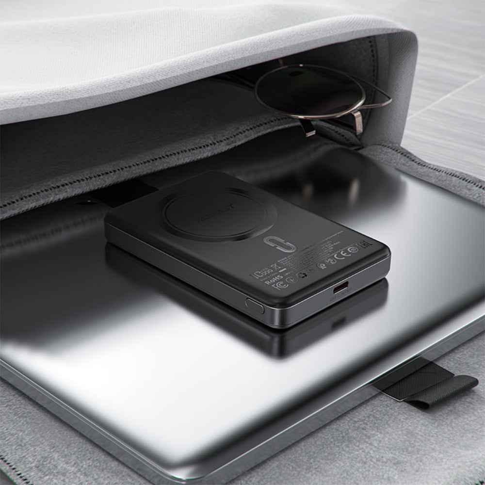 Langaton ulkoinen akku Acefast M12, 10000mAh, 20W, PD + FQI, 1 x QI - 1 x USB-C, Musta