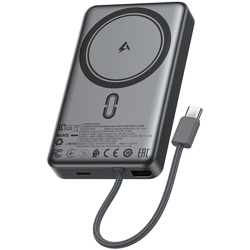Langaton ulkoinen akku Acefast M18, 10000mAh, 22.5W, PD + FQI, 1 x QI - 2 x USB-C, Musta