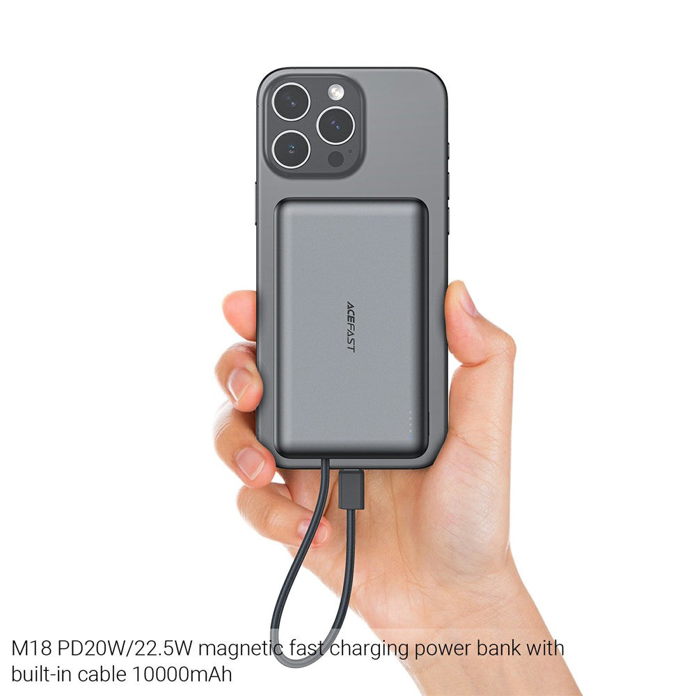 Langaton ulkoinen akku Acefast M18, 10000mAh, 22.5W, PD + FQI, 1 x QI - 2 x USB-C, Musta