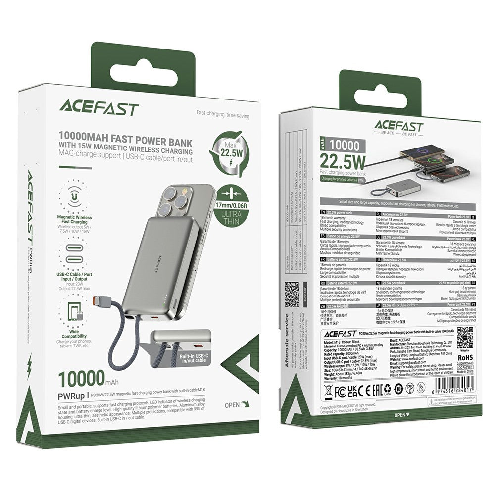Langaton ulkoinen akku Acefast M18, 10000mAh, 22.5W, PD + FQI, 1 x QI - 2 x USB-C, Musta