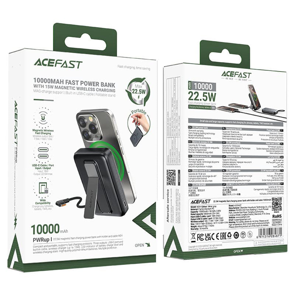 Langaton ulkoinen akku Acefast M24, 10000mAh, 22.5W, PD + FQI, 1 x QI - 2 x USB-C, Harmaa