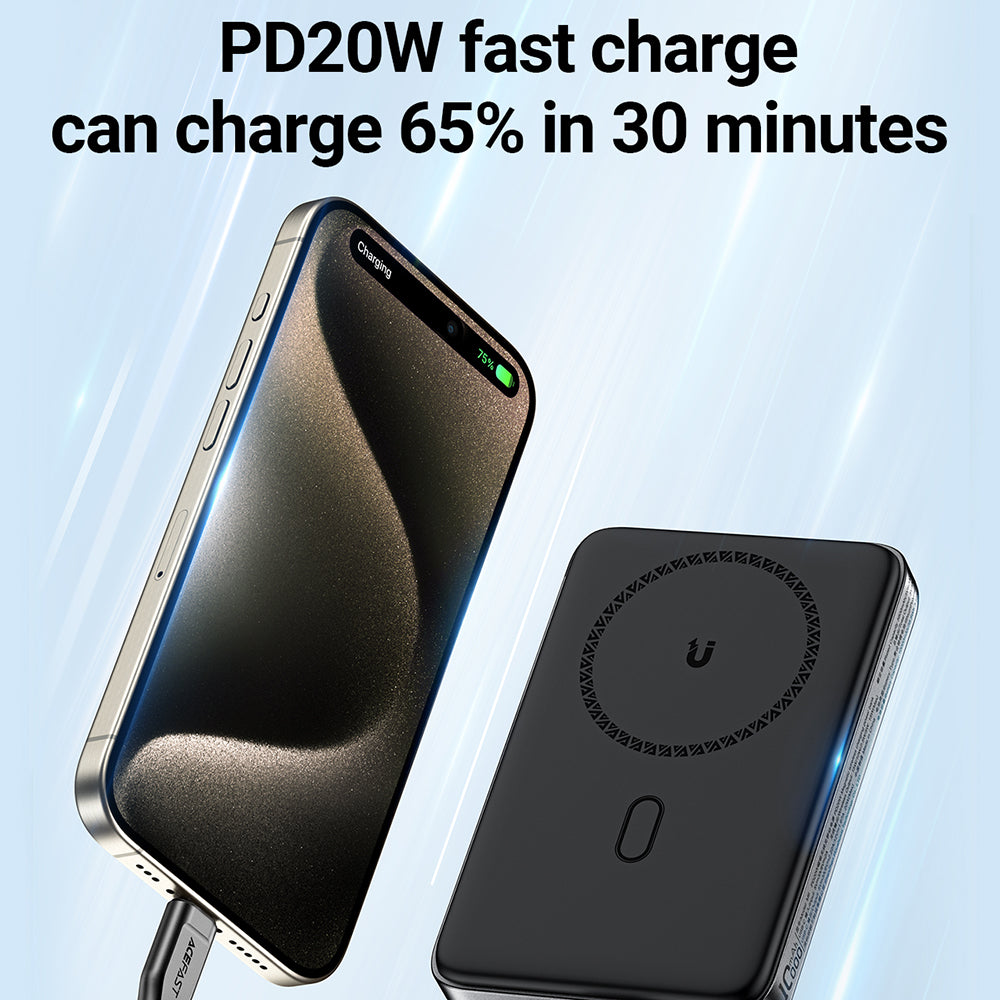 Acefast M6 Wireless External Battery, 10000mAh, 20W, PD + FQI, 1 x QI - 1 x USB-C, Black