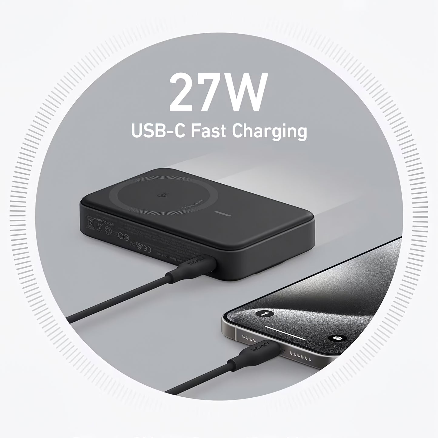 Anker MagGo Langaton ulkoinen akku, 10000mAh, 27W, PD + FQI, 1 x QI - 1 x USB-C, musta A1654G11