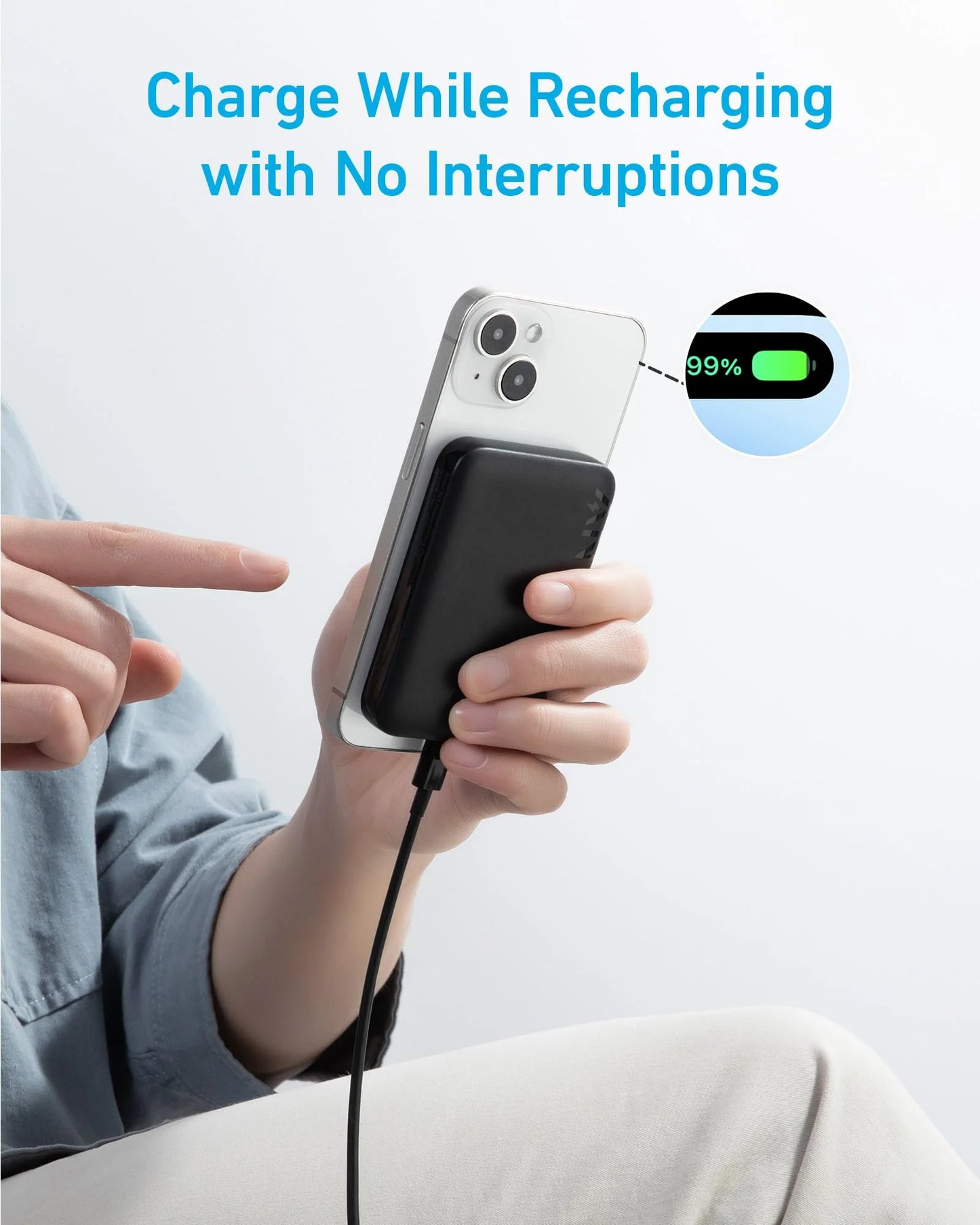 Anker 321 MagGo langaton ulkoinen akku, 5000mAh, 7.5W, PD + FQI, 1 x QI - 1 x USB-C, Musta A1616G11