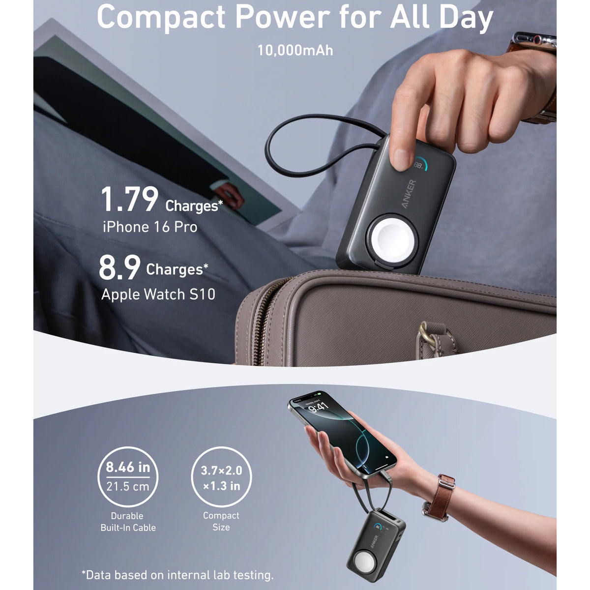 Anker MagGo langaton ulkoinen akku, 10000mAh, 35W, PD + QI, 1 x QI - 2 x USB-C, Musta A1657H11