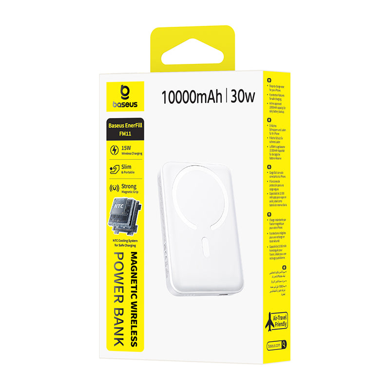 Langaton ulkoinen akku Baseus EnerFill FM11, 10000mAh, 30W, PD + FQI, 1 x QI - 1 x USB-C, Valkoinen