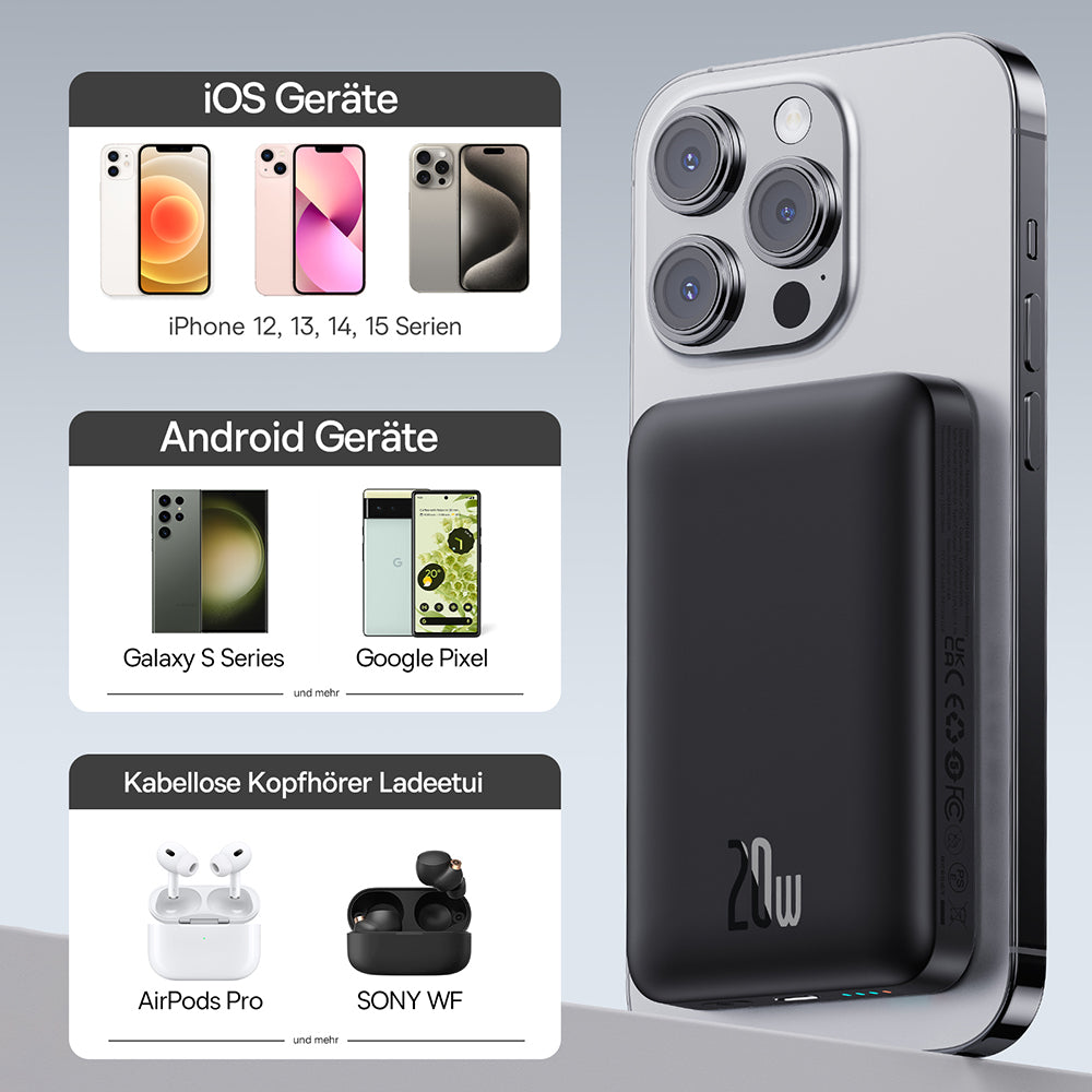 Ulkoinen langaton Baseus Magnetic Mini -akku, 10000mAh, 20W, PD + FQI, 1 x QI - 1 x USB-C, Musta P10059001113-00