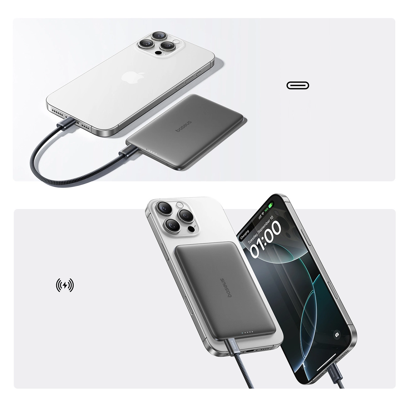 Baseus PicoGo AM41 langaton ulkoinen akku, 5000mAh, 20W, PD + FQI, 1 x QI - 1 x USB-C, Musta
