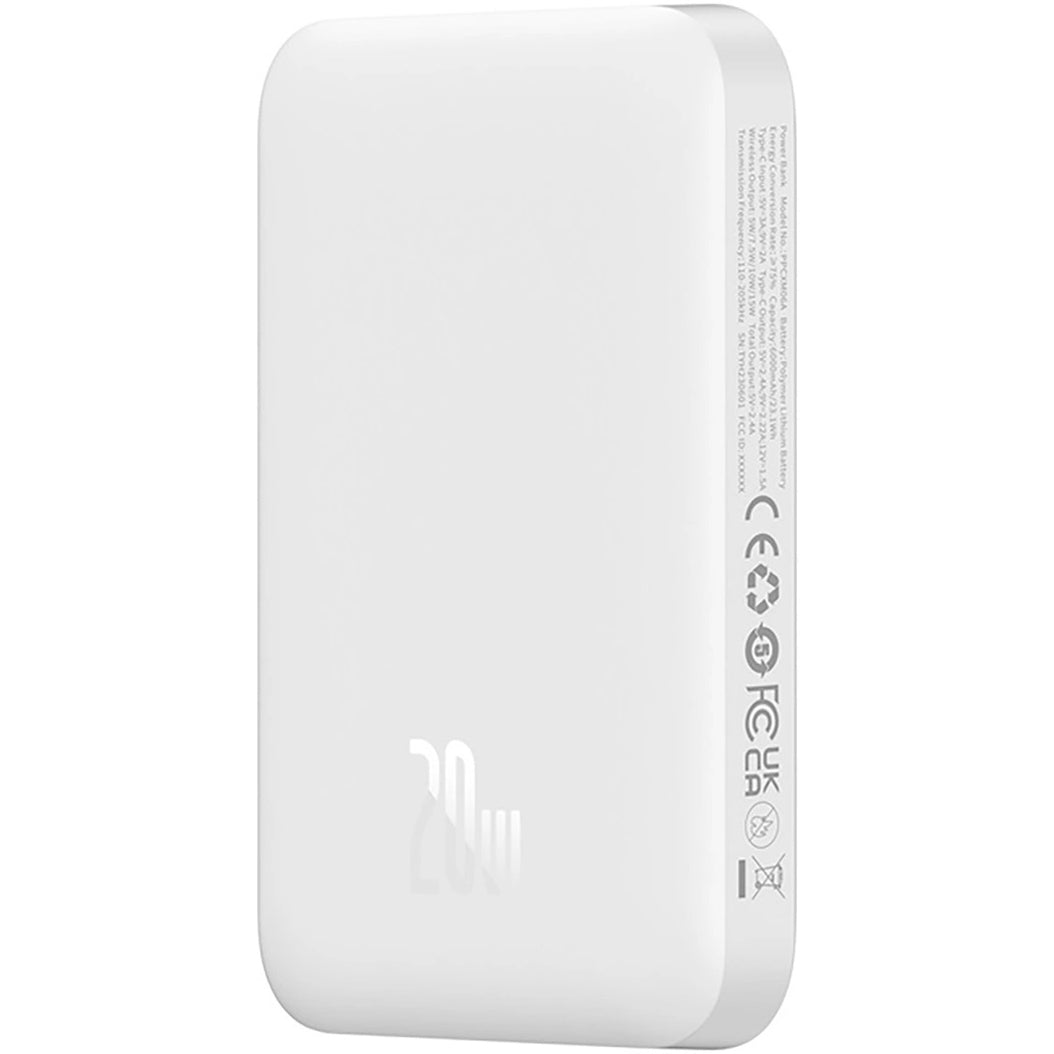 Baseus Magnetic Mini langaton ulkoinen akku, 6000mAh, 20W, PD + FQI, 1 x QI - 1 x USB-C, Valkoinen P10059002223-00