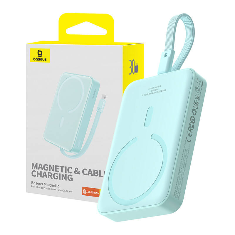 Baseus Magnetic Mini langaton ulkoinen akku, 10000mAh, 30W, PD + FQI, 1 x Lightning - 1 x QI - 1 x USB-C, Sininen P1002210B333-00