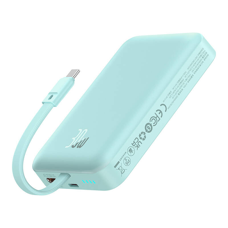 Baseus Magnetic Mini langaton ulkoinen akku, 10000mAh, 30W, PD + FQI, 1 x Lightning - 1 x QI - 1 x USB-C, Sininen P1002210B333-00