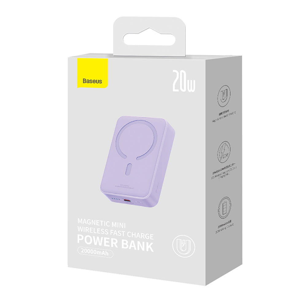 Langaton Baseus Magnetic Mini -ulkoinen akku, 20000mAh, 20W, PD + FQI, 1 x QI - 1 x USB-C, Violetti PPCX150005