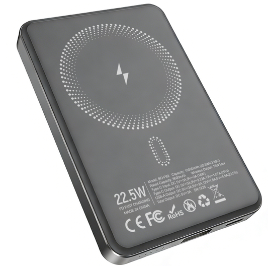 Langaton ulkoinen akku BWOO BO-P82, 10000mAh, 22,5W, PD + FQI, 1 x QI - 1 x USB-C, Harmaa