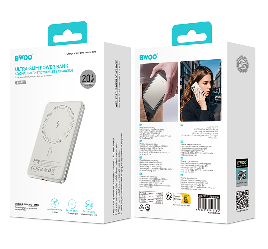 Langaton ulkoinen akku BWOO P79, 5000mAh, 20W, PD + FQI, 1 x QI - 1 x USB-C, Harmaa