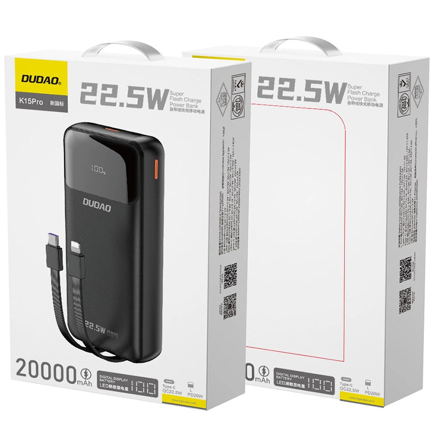 Ulkoinen akku Dudao K15Pro, 20000mAh, 22.5W, QC + PD, 1 x Lightning - 1 x USB-A - 2 x USB-C, Musta