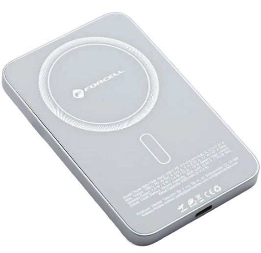 Langaton ulkoinen akku Forcell F5K8, 5000mAh, 15W, PD + FQI, 1 x QI - 1 x USB-C, Valkoinen