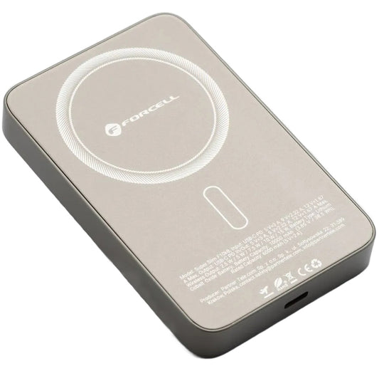 Langaton ulkoinen akku Forcell F5K8, 5000mAh, 15W, PD + FQI, 1 x QI - 1 x USB-C, Kultainen