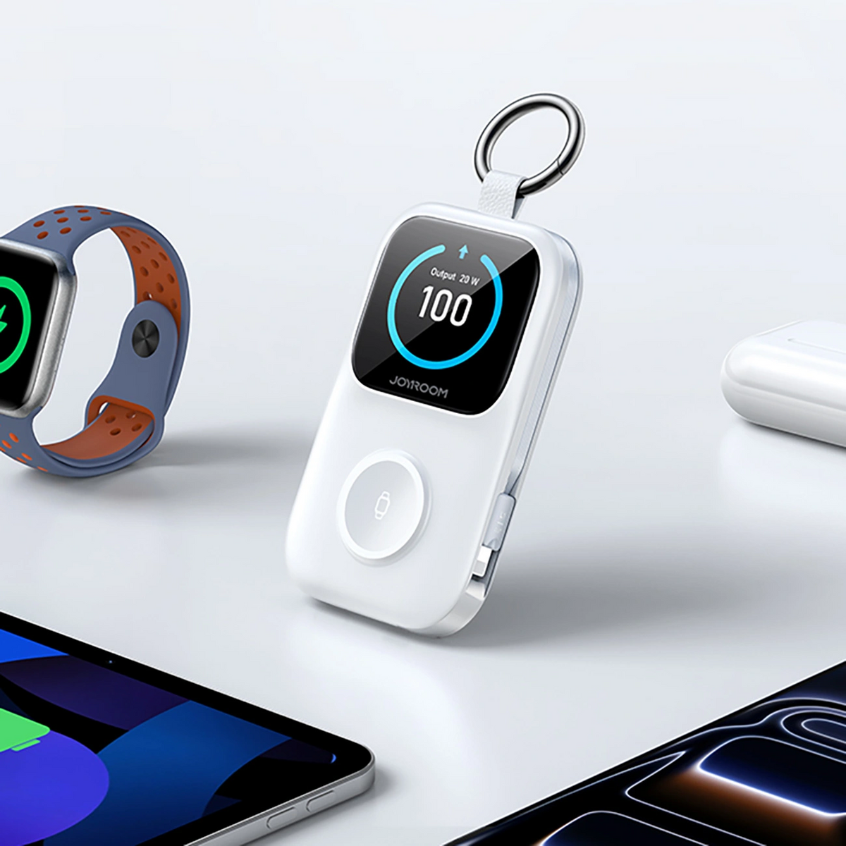 Langaton ulkoinen akku Joyroom JR-W19, 5000mAh, 20W, QC + PD, 1 x Lightning - 1 x QI - 2 x USB-C, Valkoinen