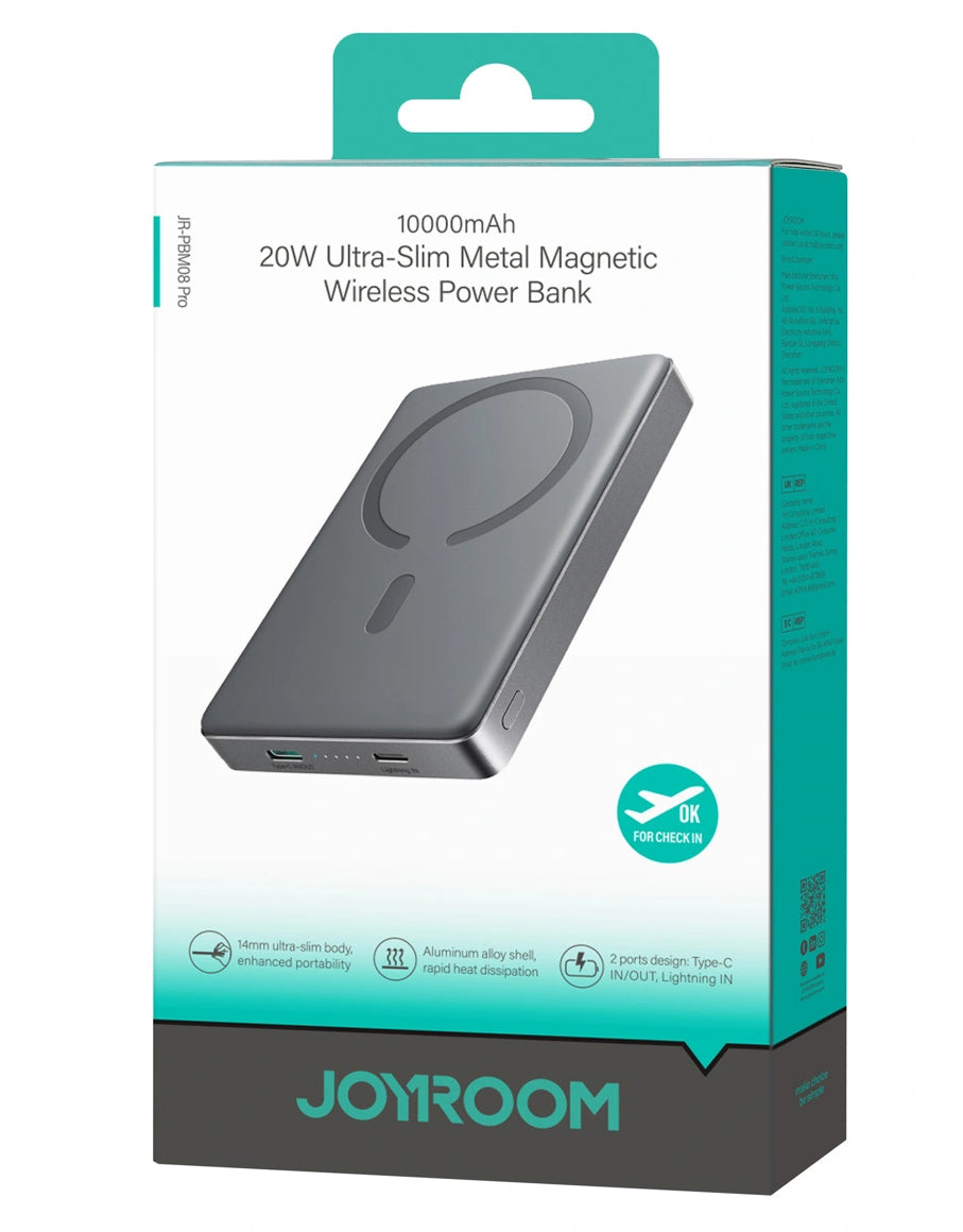 Joyroom JR-PBM08 Pro langaton ulkoinen akku, 10000mAh, 22.5W, PD + FQI, 1 x QI - 2 x USB-C, harmaa