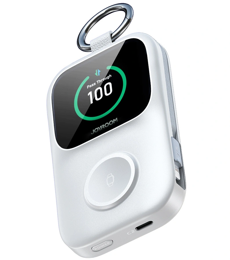 Langaton ulkoinen akku Joyroom JR-W19, 5000mAh, 20W, QC + PD, 1 x Lightning - 1 x QI - 2 x USB-C, Valkoinen