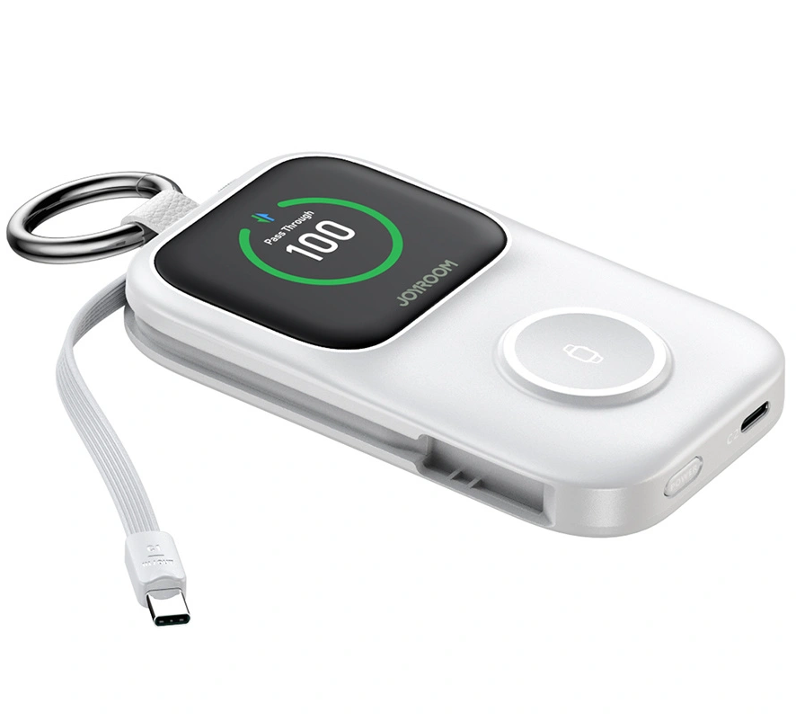 Langaton ulkoinen akku Joyroom JR-W19, 5000mAh, 20W, QC + PD, 1 x Lightning - 1 x QI - 2 x USB-C, Valkoinen
