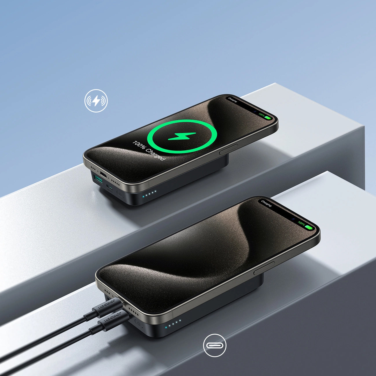 Langaton ulkoinen akku Joyroom JR-W020, 10000mAh, 20W, QC + PD + FQI, 1 x QI - 1 x USB-A - 1 x USB-C, Musta