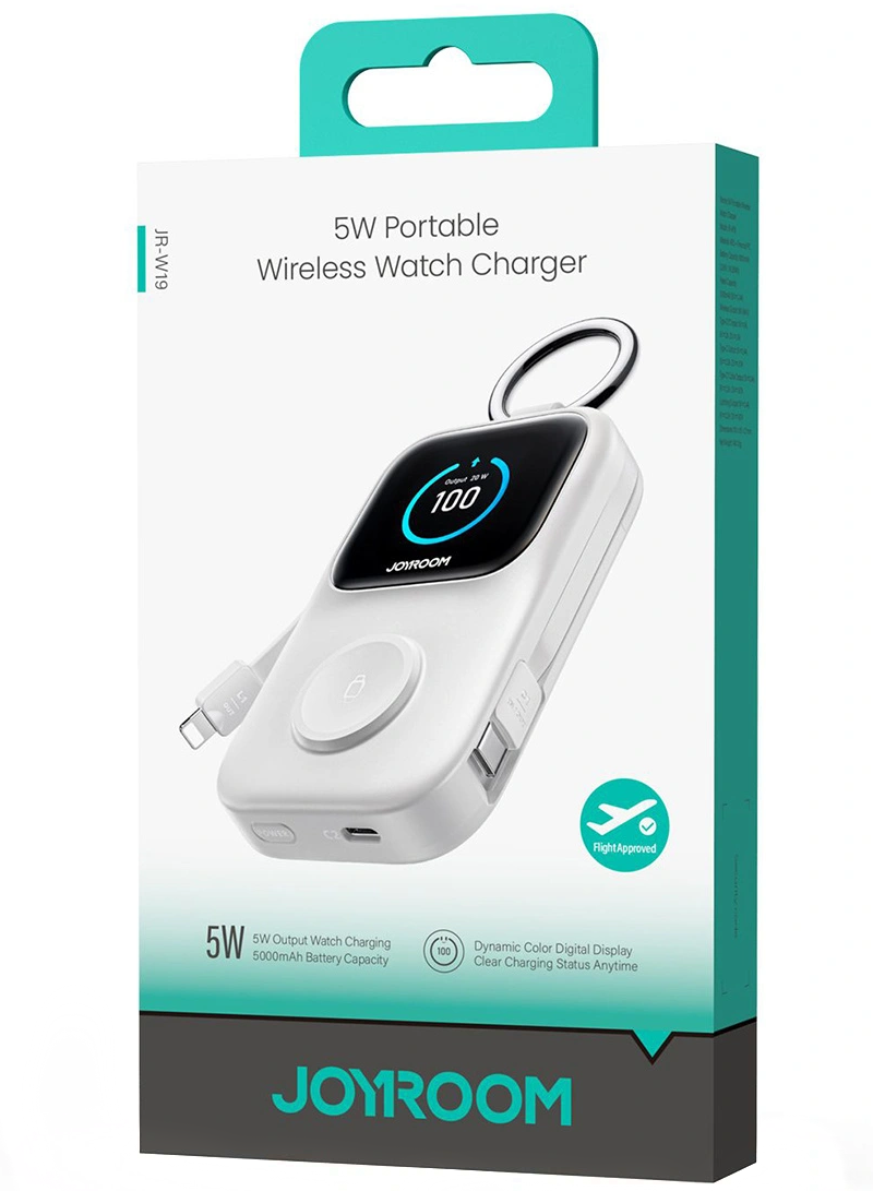 Langaton ulkoinen akku Joyroom JR-W19, 5000mAh, 20W, QC + PD, 1 x Lightning - 1 x QI - 2 x USB-C, Valkoinen