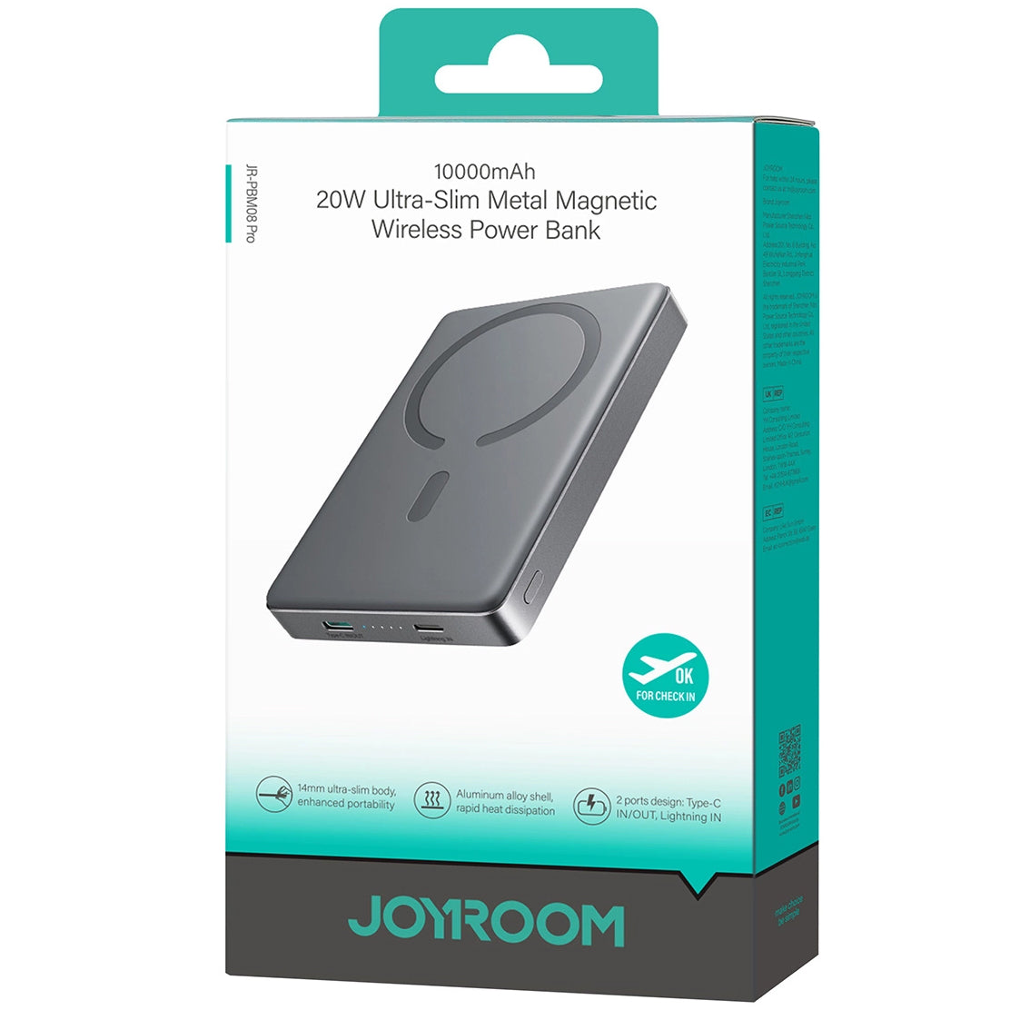 Langaton ulkoinen akku Joyroom JR-PBM08 Pro, 10000mAh, 20W, PD + FQI, 1 x QI - 1 x USB-C, Harmaa