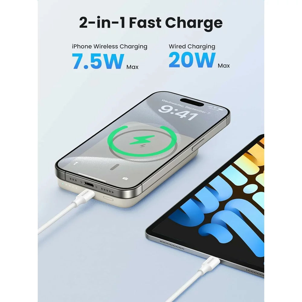 Langaton ulkoinen akku UGREEN PB561, 10000mAh, 20W, PD + FQI, 1 x QI - 1 x USB-C, Beige