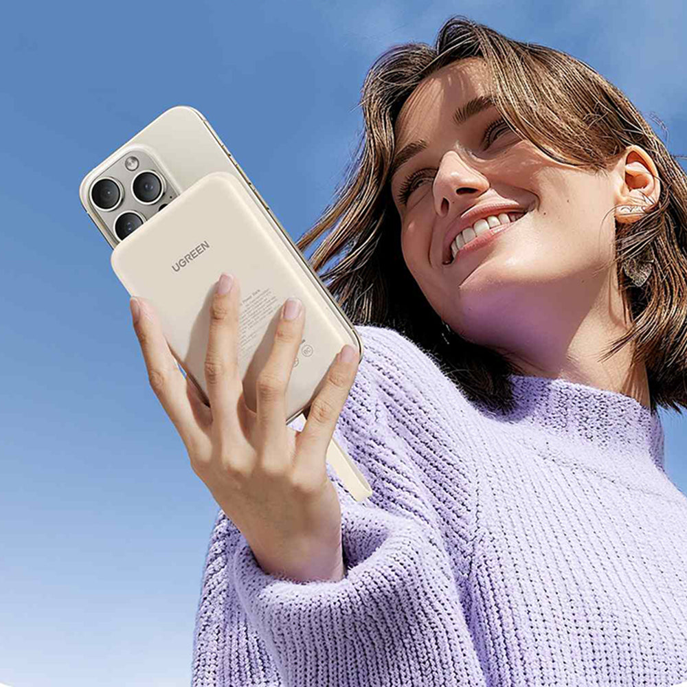 UGREEN PB760 Langaton Ulkoinen Akku, 10000mAh, 20W, PD + FQI, 1 x QI - 1 x USB-C, Beige