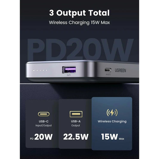 UGREEN PB206 Langaton ulkoinen akku, 10000mAh, 20W, QC + PD + FQI, 1 x QI - 1 x USB-A - 1 x USB-C, harmaa