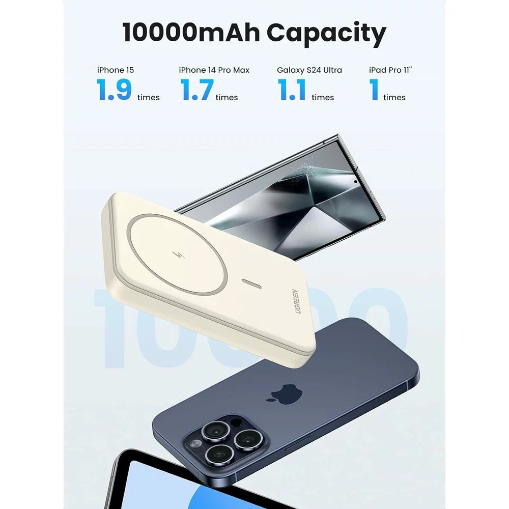 Langaton ulkoinen akku UGREEN PB561, 10000mAh, 20W, PD + FQI, 1 x QI - 1 x USB-C, Beige