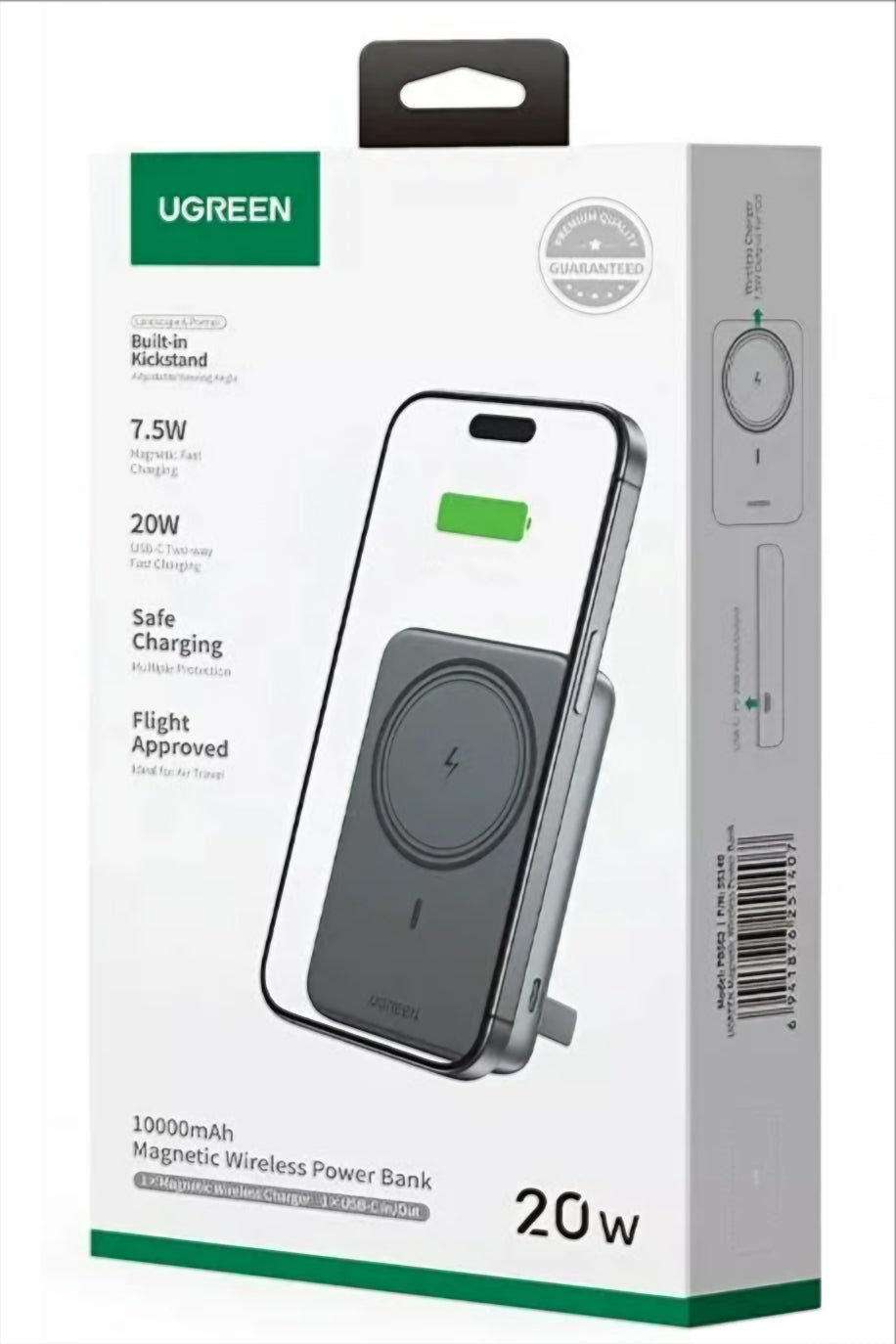 Langaton ulkoinen akku UGREEN PB561, 10000mAh, 20W, PD + FQI, 1 x QI - 1 x USB-C, Musta