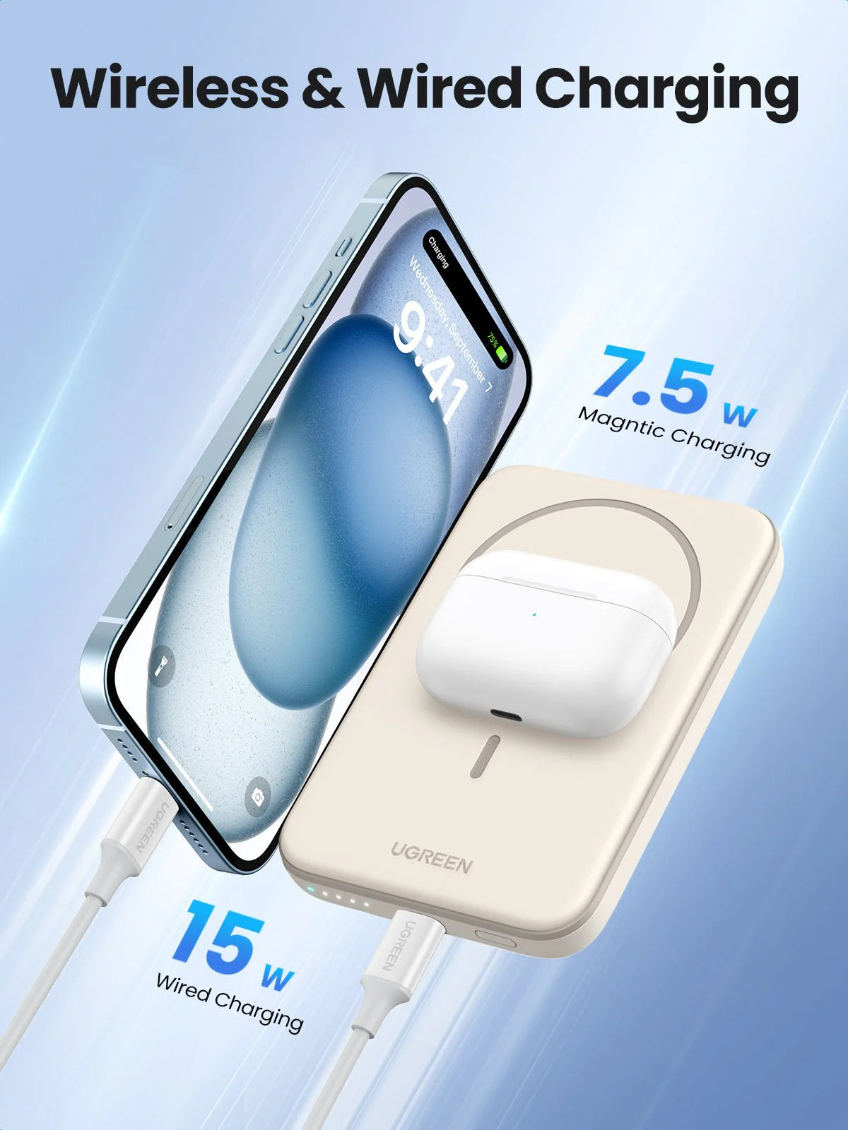Langaton ulkoinen akku UGREEN PB560, 5000mAh, 15W, PD + QI, 1 x QI - 1 x USB-C, Beige